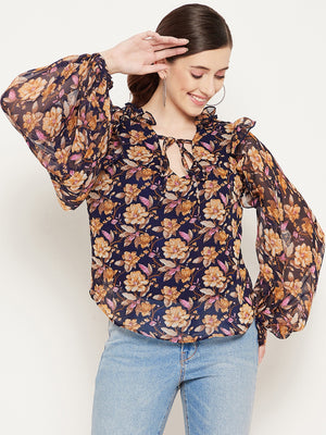 Navy Blue & Brown Floral Print Tie-Up Neck Ruffles Georgette Top