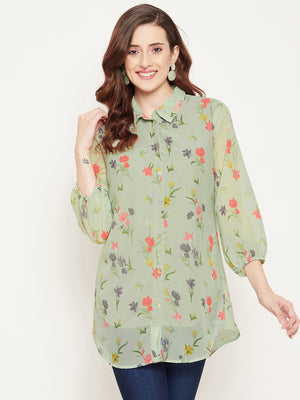 Green & Red Shirt Collar Printed Tunic