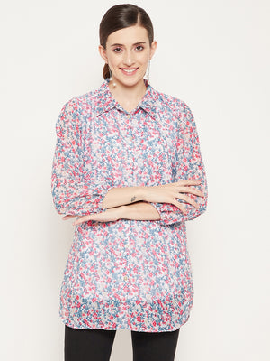 White & Pink Shirt Collar Printed Tunic