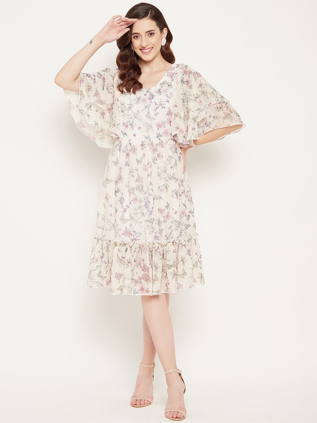 Off White Floral Georgette Dress