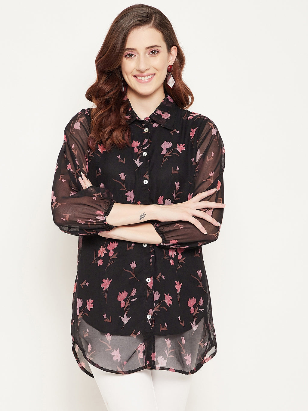 Black & Pink Shirt Collar Printed Tunic