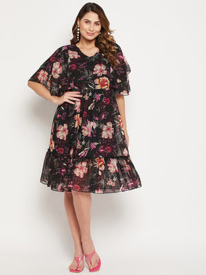 Floral Printed V Neck Fit And Flare Dress