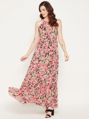 Women Brown & Pink Floral Halter Neck Georgette Maxi Dress