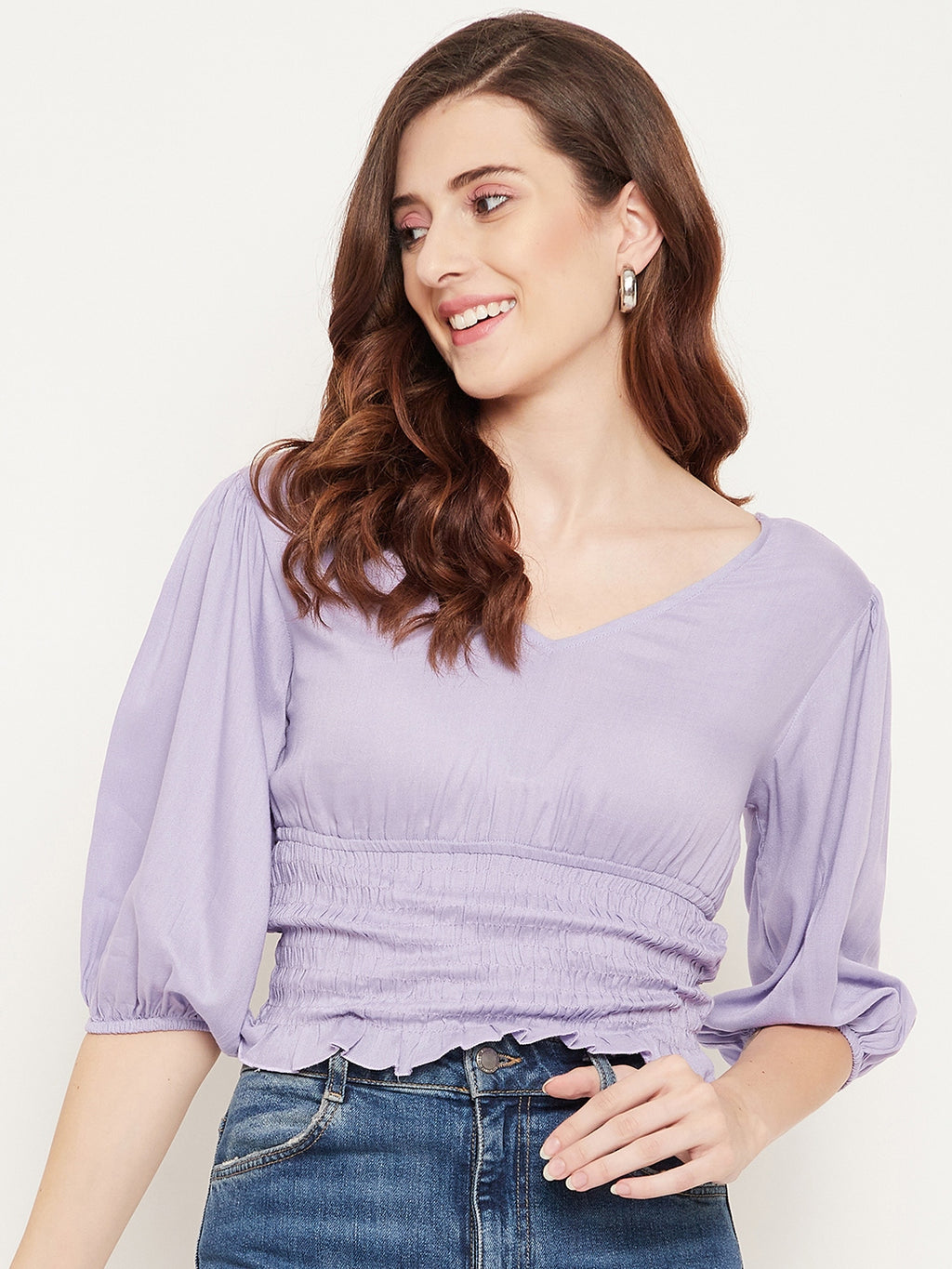 Women Lavender Smocked Cinched Waist Smocking Crop Top