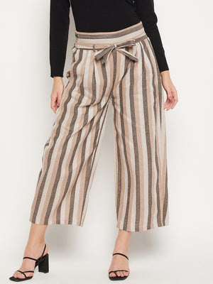 Women Striped Relaxed Flared Wrinkle Free Pleated Cotton Trousers