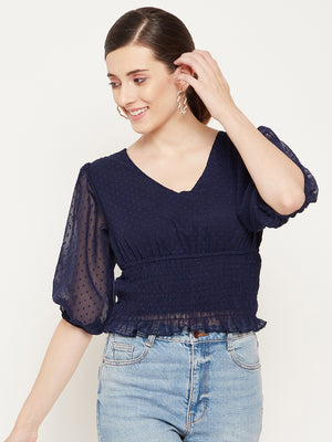 Women Navy Blue Smocked Dobby Cinched Waist Crop Top