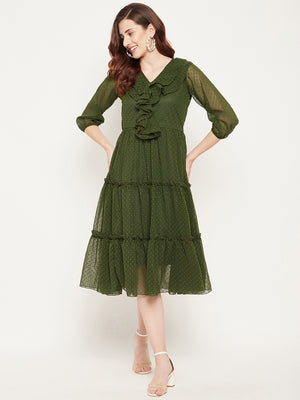 Olive Green Georgette A-Line Midi Dress