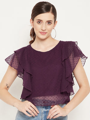 Women Purple Ruffles Round Neck Georgette Top