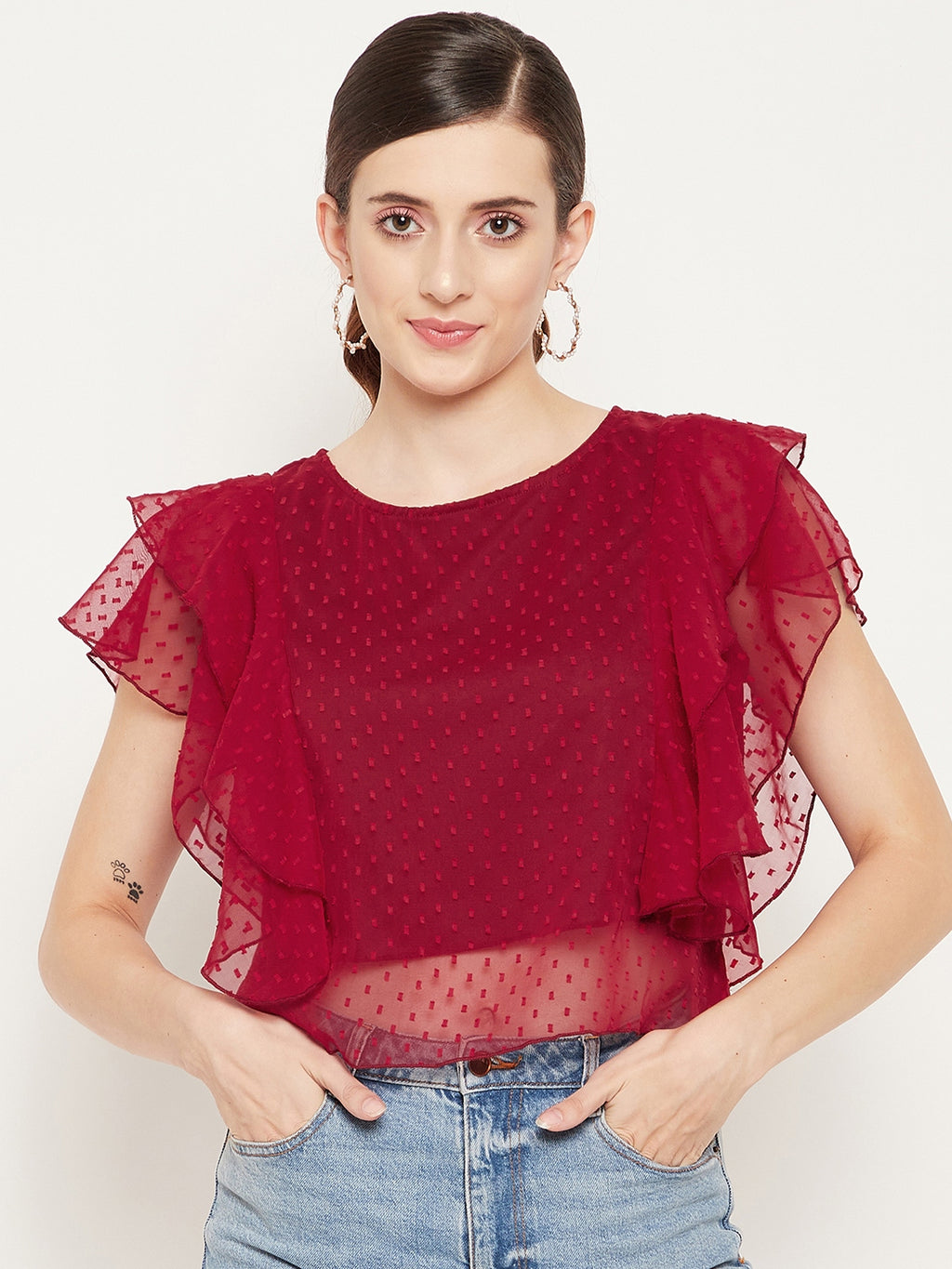 Women Red Ruffles Georgette Crop Top