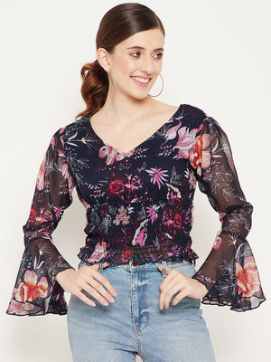 Navy Blue & Red Floral Print Georgette Top