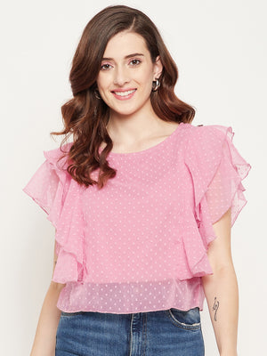 Women Rose Self Design Ruffles Georgette Top