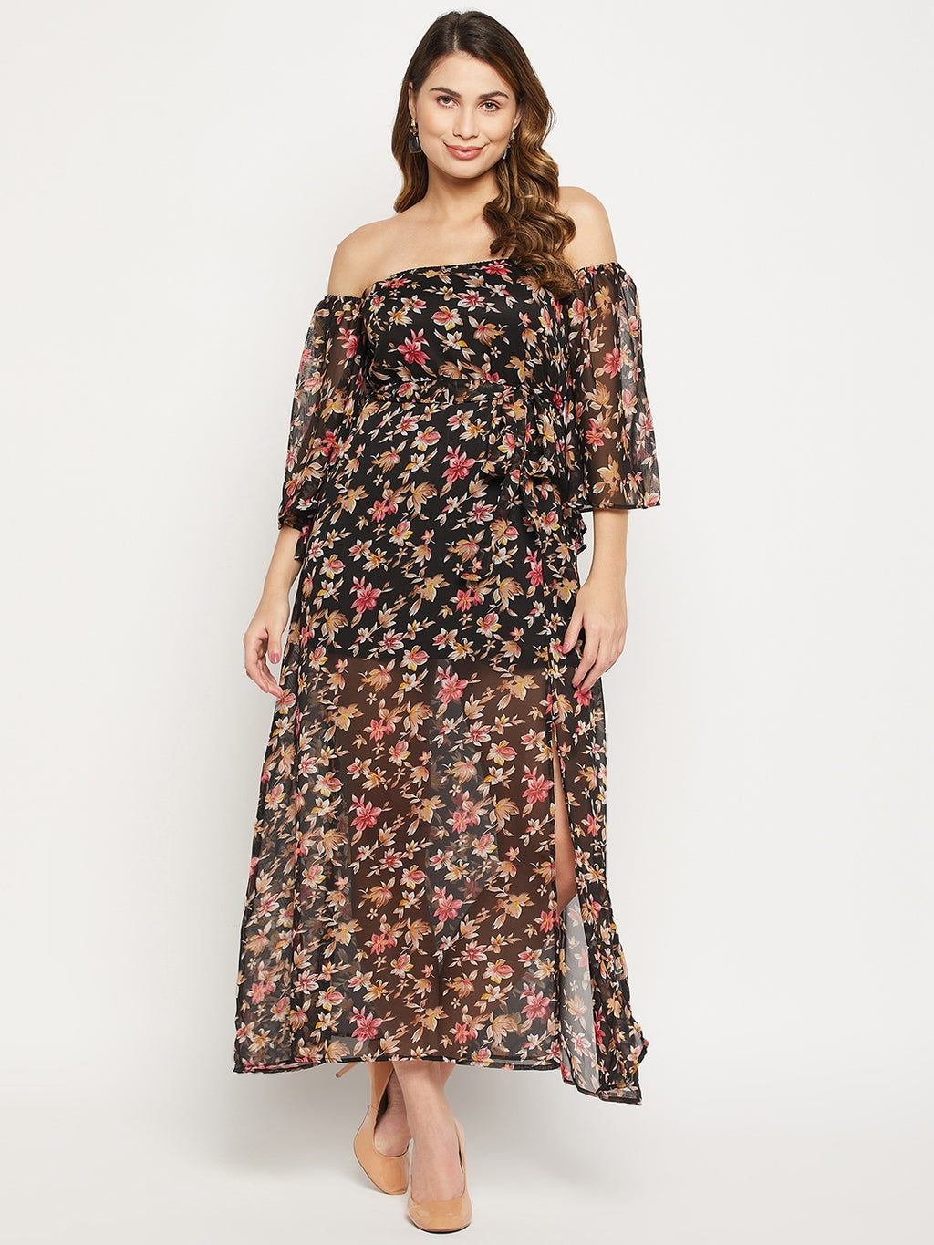 Floral Off-Shoulder Georgette Maxi Dress