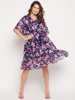 Floral Printed V Neck Fit And Flare Dress