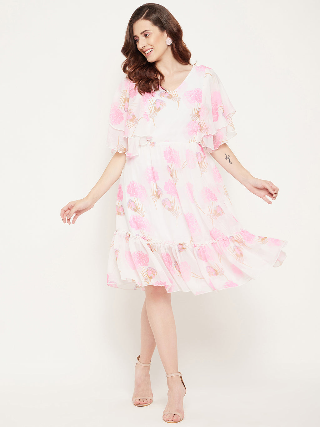 White & Pink Floral Georgette Dress