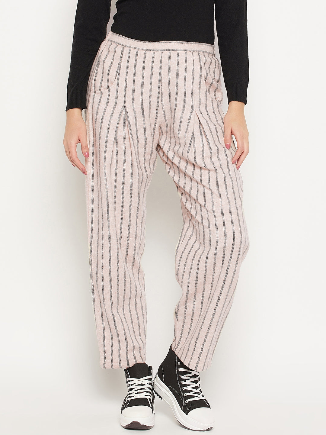 Women Striped Relaxed Flared Wrinkle Free Cotton Trousers  BITTERLIME