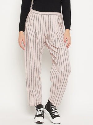 Women Striped Relaxed Flared Wrinkle Free Pleated Cotton Trousers