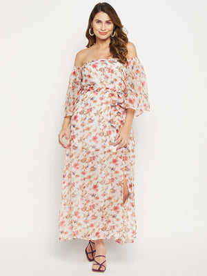 White Floral Off-Shoulder Georgette Maxi Dress