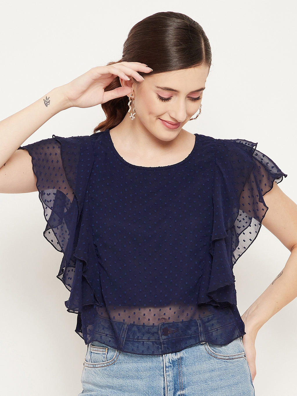 Navy Blue Ruffles Georgette Top