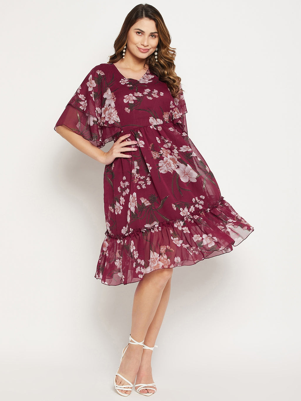 Floral Printed V Neck Fit And Flare Dress