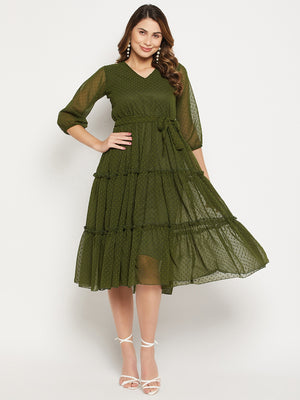 Self Design V Neck Tiered Fit And Flare Dress