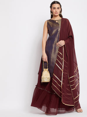 Silk Blend Woven Kurta Skirt and Dupatta Set