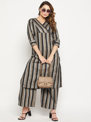 Striped Pure Cotton Straight Kurta With Palazzos