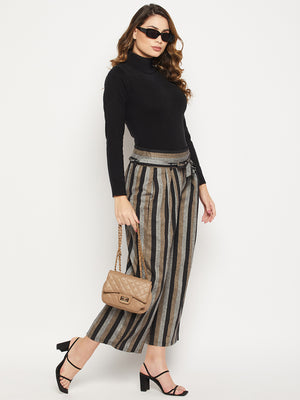 Women Striped Relaxed Flared Wrinkle Free Pleated Cotton Culottes