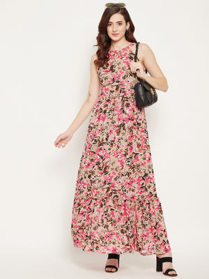 Women Brown & Pink Floral Halter Neck Georgette Maxi Dress