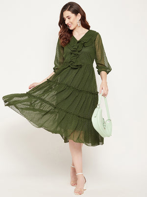 Olive Green Georgette A-Line Midi Dress