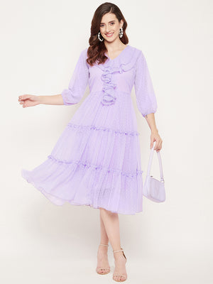 Mauve Striped Georgette A-Line Midi Dress