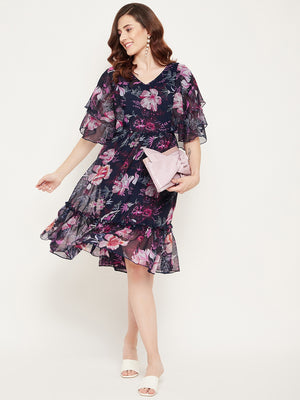 Navy Blue & Pink Floral Georgette Dress