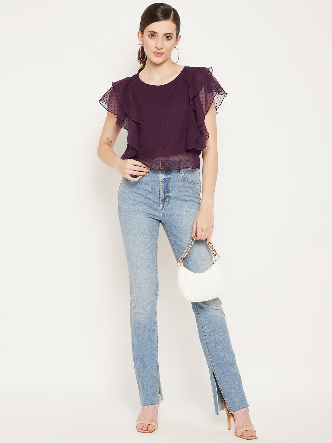 Women Purple Ruffles Round Neck Georgette Top