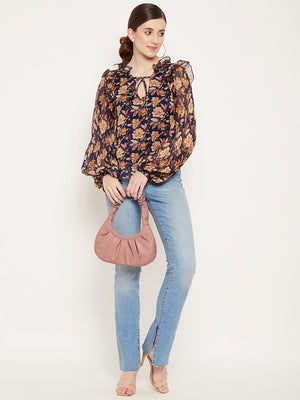 Navy Blue & Brown Floral Print Tie-Up Neck Ruffles Georgette Top