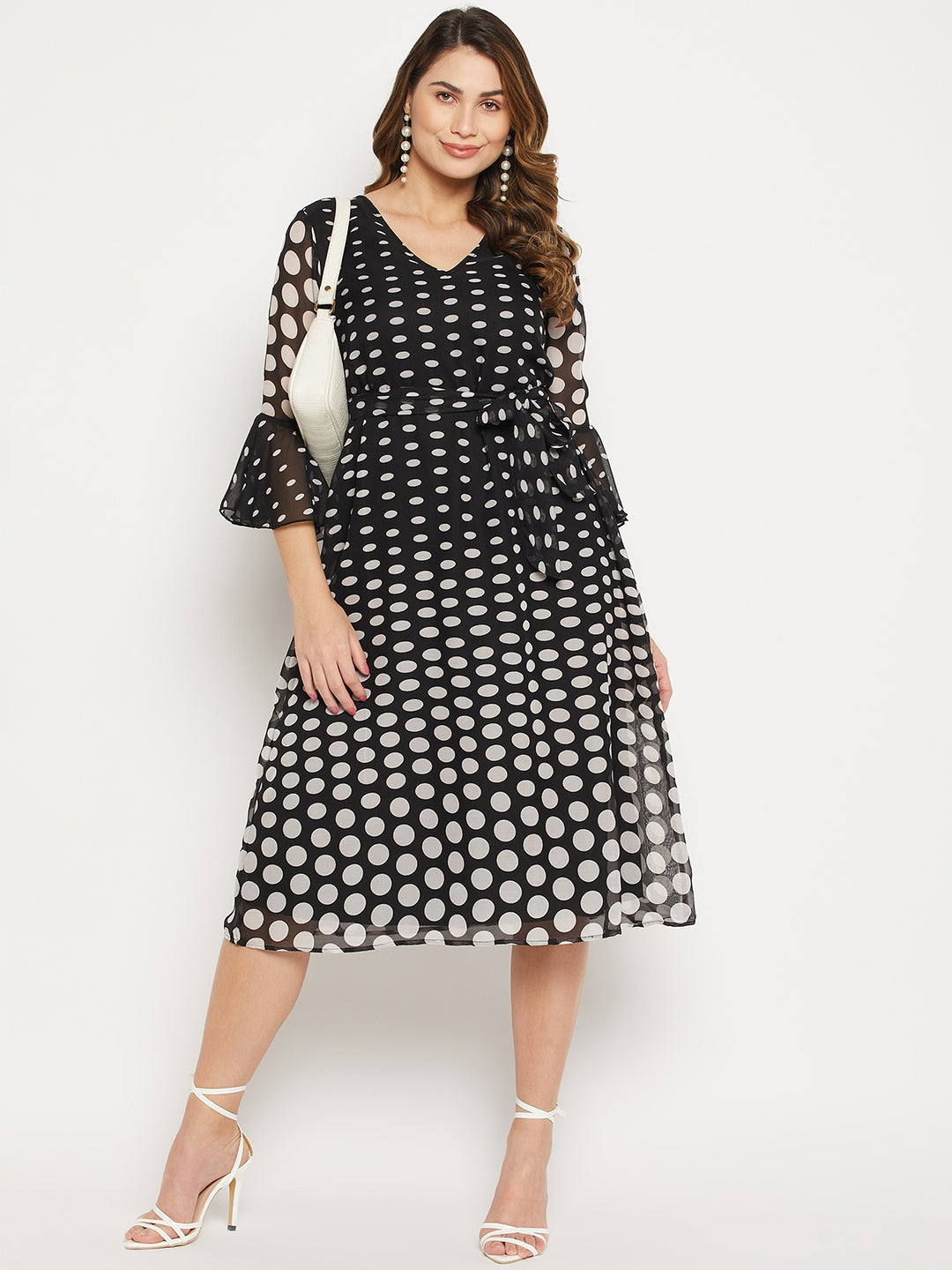 Polka Dots Printed Tie-Up Detail Belted Georgette A-Line Midi Dress