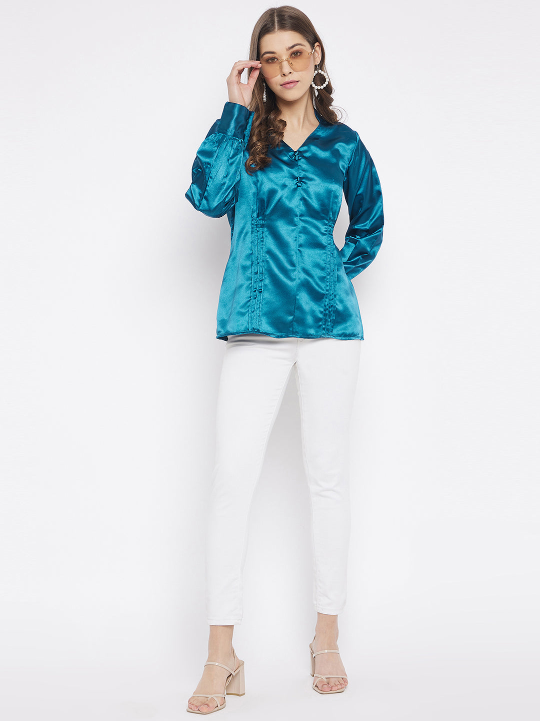 Regular Sleeves Solid Women Blue Top