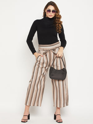 Women Striped Relaxed Flared Wrinkle Free Pleated Cotton Trousers