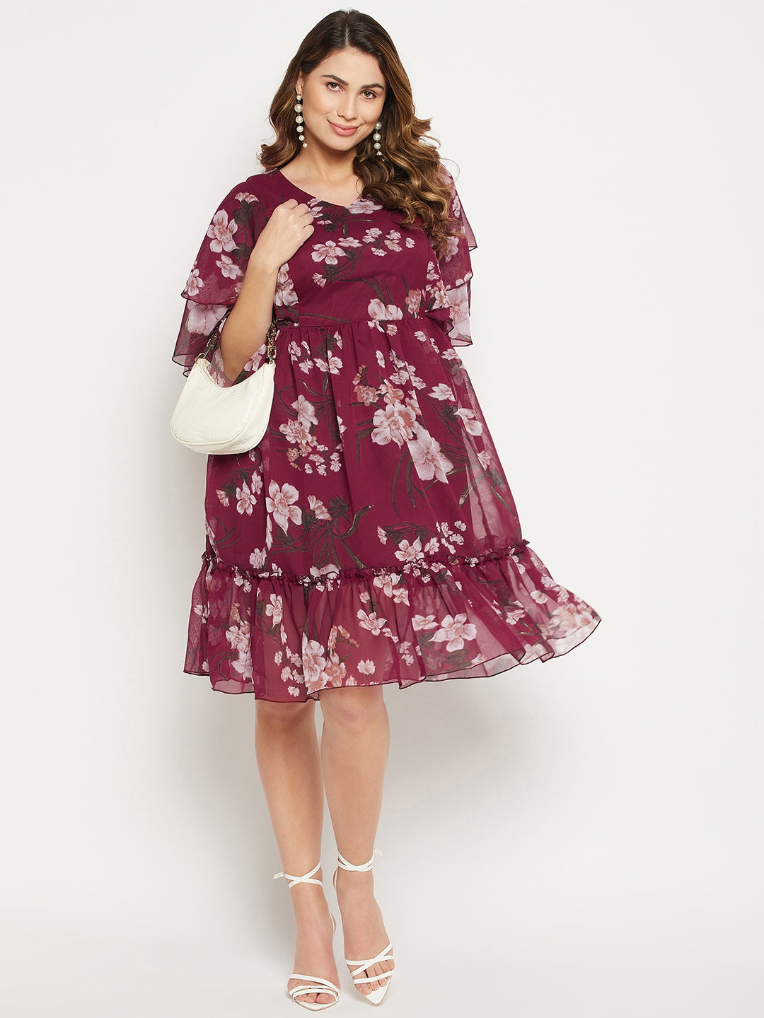 Floral Printed V Neck Fit And Flare Dress