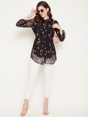 Black & Pink Shirt Collar Printed Tunic