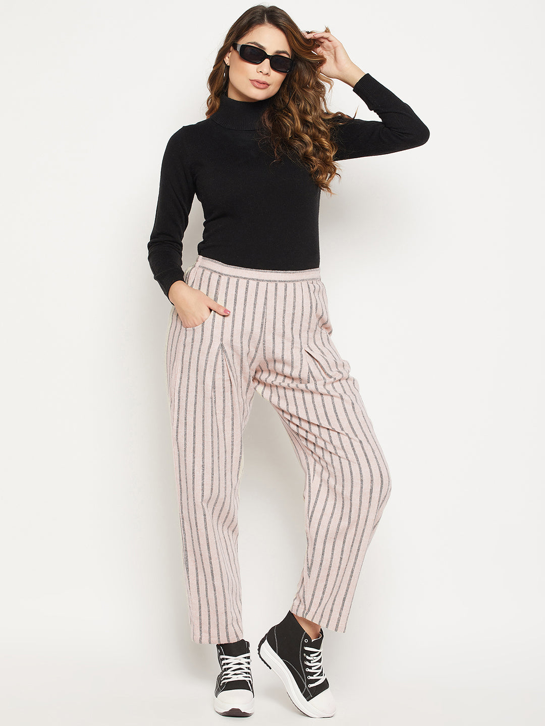 Women Striped Relaxed Flared Wrinkle Free Pleated Cotton Trousers   BITTERLIME