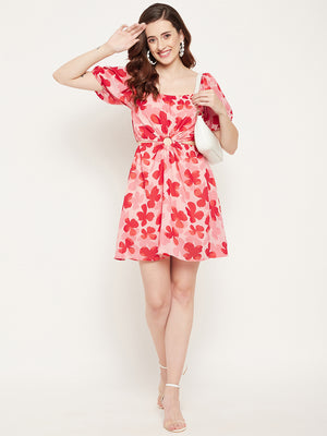 Pink Floral Georgette Mini Dress