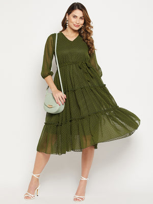 Self Design V Neck Tiered Fit And Flare Dress