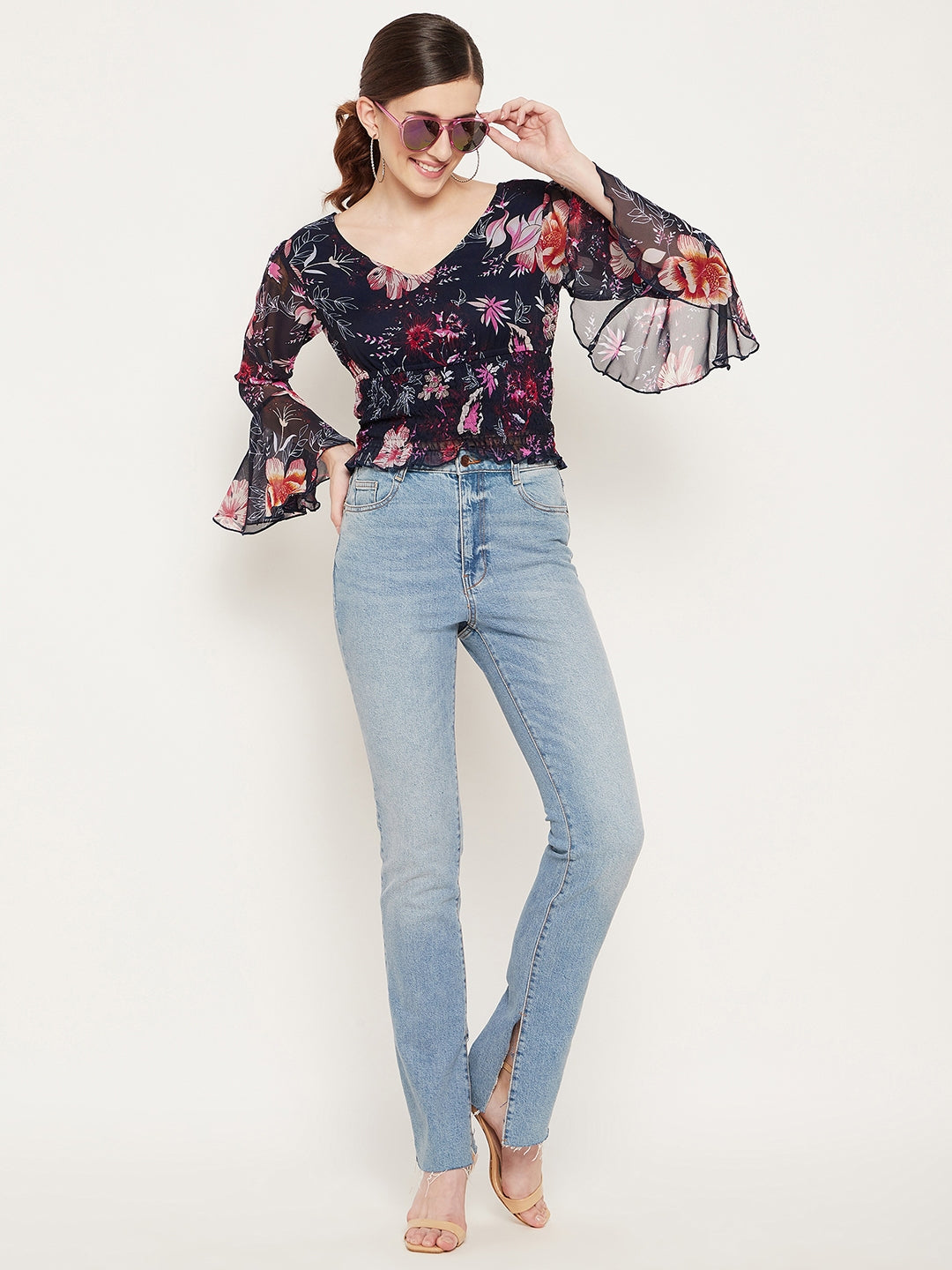 Navy Blue & Red Floral Print Georgette Top