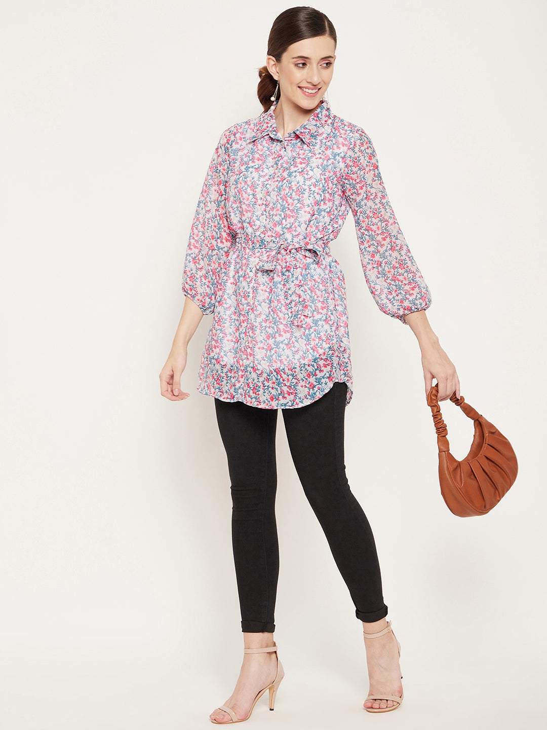 White & Pink Shirt Collar Printed Tunic