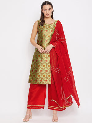 Silk Blend Woven Kurta Palazzo's and Dupatta Set