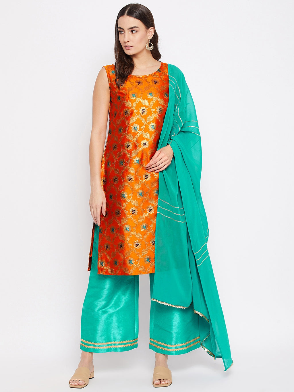 Silk Blend Woven Kurta Palazzo's and Dupatta Set