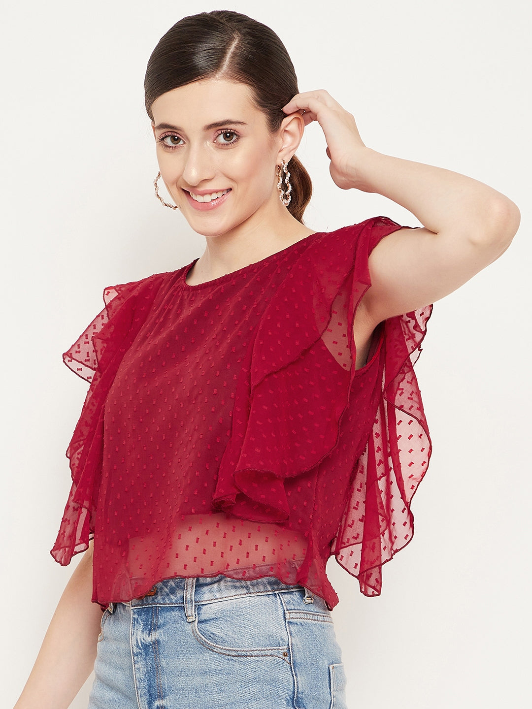 Women Red Ruffles Georgette Crop Top