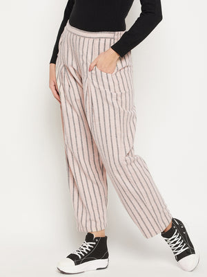 Women Striped Relaxed Flared Wrinkle Free Pleated Cotton Trousers