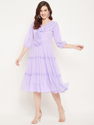 Mauve Striped Georgette A-Line Midi Dress