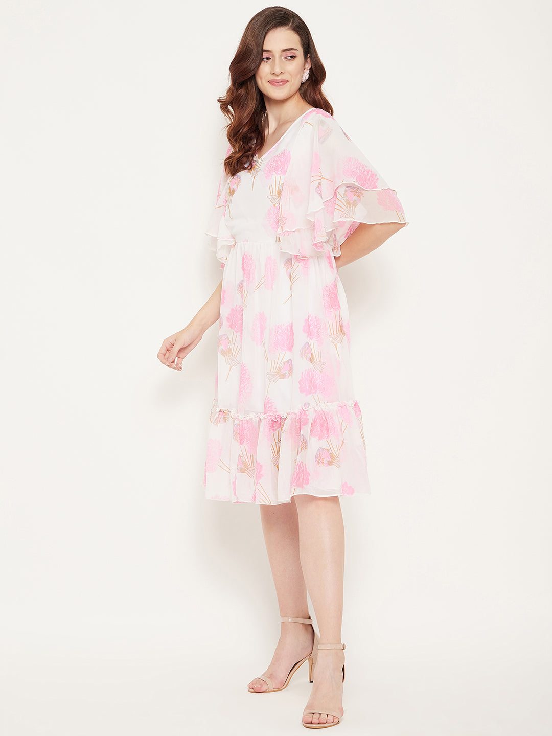 White & Pink Floral Georgette Dress