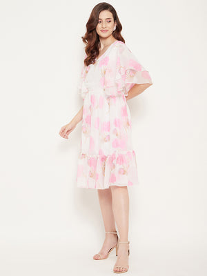 White & Pink Floral Georgette Dress